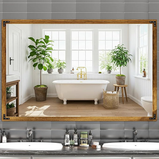 Hasipu Farmhouse Bathroom Mirror, 55"x36" Rustic Wood Framed Wall Mounted Mirror, Walnut Vintage Vanity Mirror Modern Farmhouse Style Decrative Mirrors