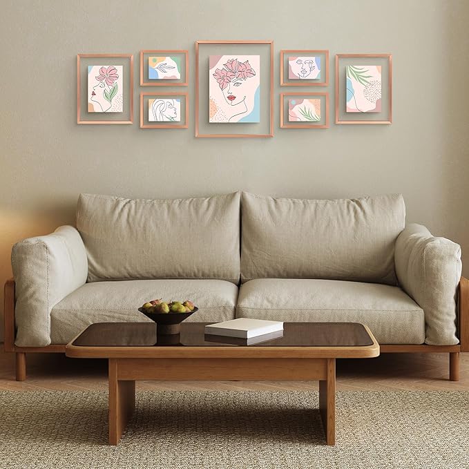 Frametory, Floating Picture Frames Set - Rose Gold Metal Photo Frames - Real Glass - Display One 11x14, Two 8x10, and Four 5x7 Inch Photos for Home Decoration