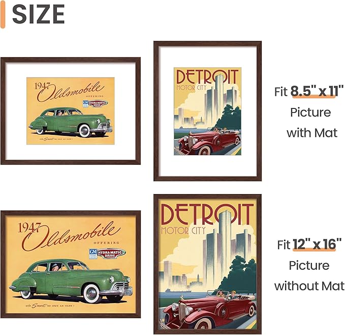 upsimples 12x16 Picture Frame, Display Pictures 8.5x11 with Mat or 12 x 16 Without, Wall Hanging Poster Frames, Brown, 1 Pack