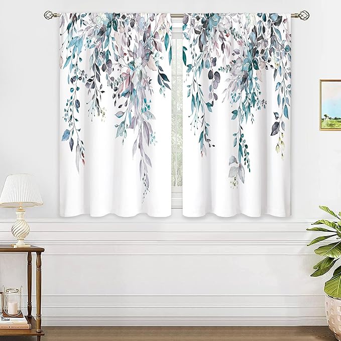 Blue Grey Eucalyptus Botanical Leaves Floral Kitchen Window Curtains Over Sink Farmhouse Flower Leaf Small Window Treatment Cafe Short Curtains for Bathroom Treatment Tier Drapes 26x36 inch