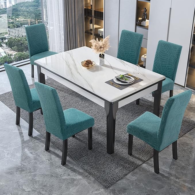 Genina Waterproof Chair Covers for Dining Room, Stretch Jacquard Dining Chair Slipcovers Removable Washable Chair Protector for Kitchen, Hotel, Restaurant (Leaves-Peacock Blue, 6 PCS)