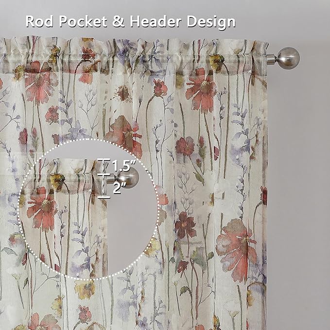 OWENIE Crushed Kitchen Window Curtains 45 Inches Length 2 Panels, Elegant Farmhouse Printed Short Semi Sheer Curtains for Cafe Bathroom Bedroom, Light Filtering Rod Pocket Curtain, 42Wx45L inch