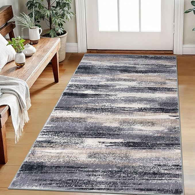 Lansny Modern Abstract Small Area Rug Indoor 3x5 Washable Rug Non-Slip Soft Entryway Rug Grey Black Multi Kitchen Mats Thin Print Faux Wool Floor Carpet Throw Rugs for Entrance Bedroom Home Decor