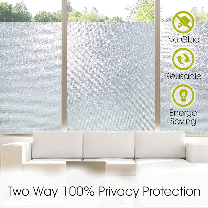 KESPEN Frosted Window Privacy Film Heat Control UV Sun Blocking Glass Stickers Static Cling Non Adhesive Door Coverings Decals for Bathroom Home Office, Sparkling, 29.5 Inch X 13.1 Feet