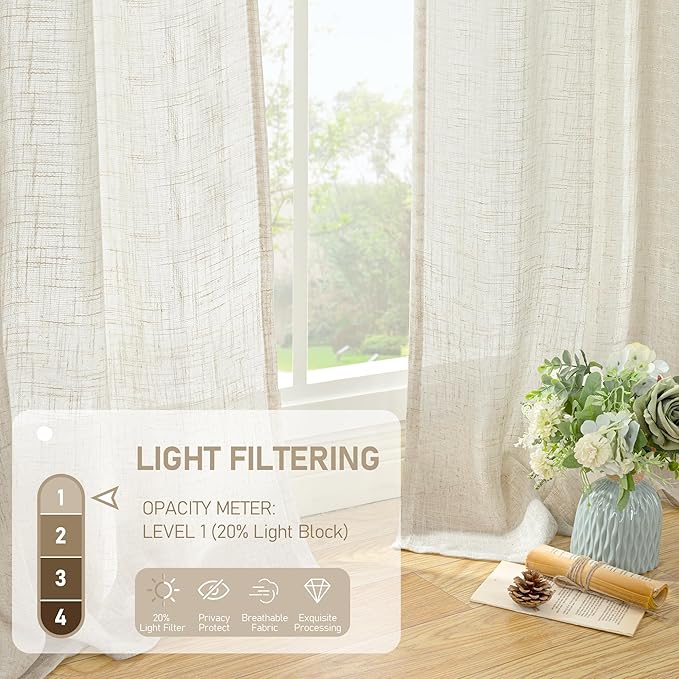 LAMIT Light Filtering Linen Curtains 84 inches Long for Bedroom, Cream Ivory Linen Textured Semi Sheer Back Tab and Rod Pocket Natural Boho Drapes for Living Room, 2 Panels, 42 x 84 Inch