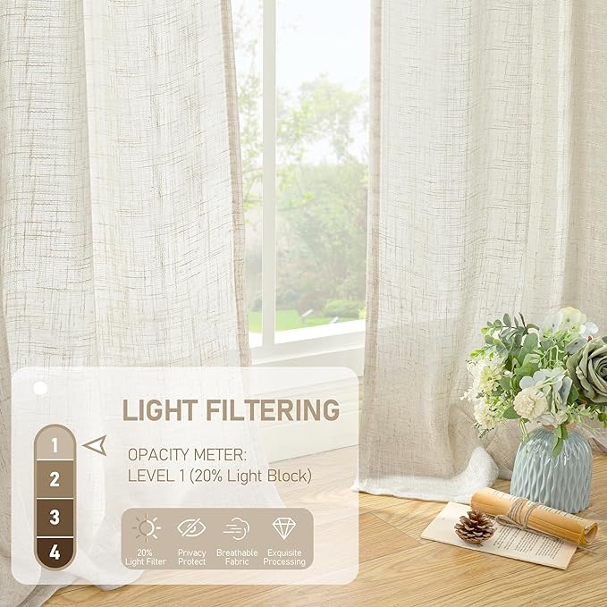 LAMIT 63 Inch Semi Sheer Linen Curtains, Light Filtering Panels Back Tab and Rod Pocket Neutral Drapes for Bedroom/Living Room, Natural, 2 Panels, 34 x 63 Inch