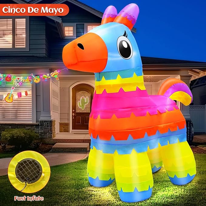 TURNMEON 6 Ft Cinco De Mayo Inflatables, Fiesta Inflatables Pinata Party Decorations Blow Up Fiesta Donkey Built-in LED Lights Mexican Theme Decorations for Fiesta Party Yard Garden Outdoor Decor