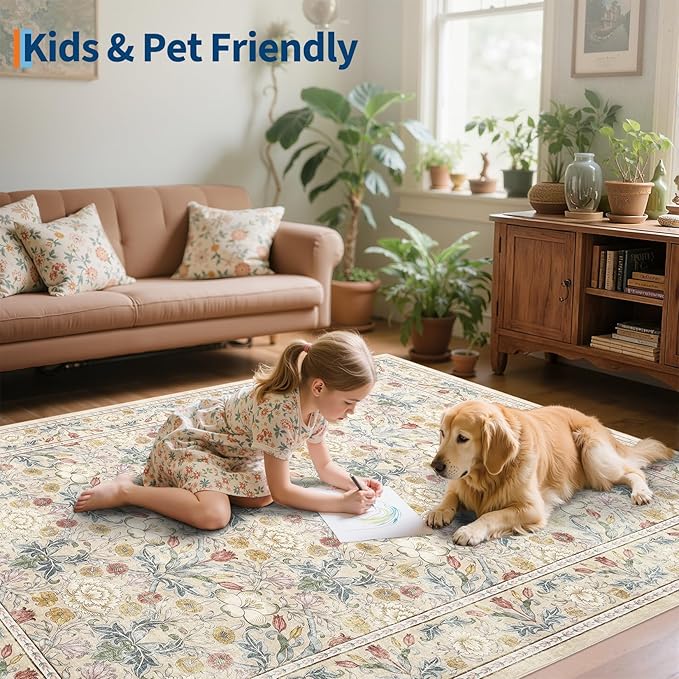 GarveeHome Area Rugs 8x10 for Living Room, Beige Floral Large Washable Rug Soft Non Slip Carpet Indoor Thin Accent Rug for Bedroom Dining Room Playroom Nursery Home Decor