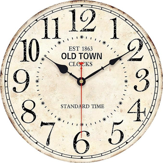 14 Inch Retro Round Wall Clock Old Town Vintage Antique Style Battery Operated French Country Silent Wall Clocks for Farmhouse,Garden,Home Kitchen,Bedroom,Office
