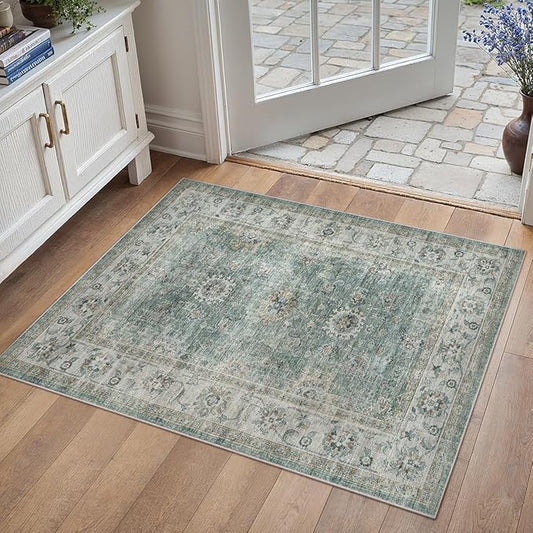2x3 Washable Area Rug for Entryway Teal Blue Vintage Non-Slip Low Pile Distressed Rustic Carpet Door Mat Soft Small Throw Rug for Indoor Entrance Bathroom