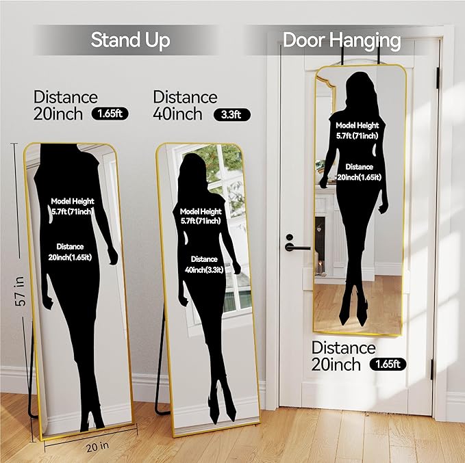 SCWF-GZ 57x20 Door Hanging Full Length Mirror, Floor (Height 5.7ft just Body in 1.3ft) or Wall Mounted Metal Frame Rectangle Dressing Mirrors for Bedroom Bathroom Living Room 57 inch Gold