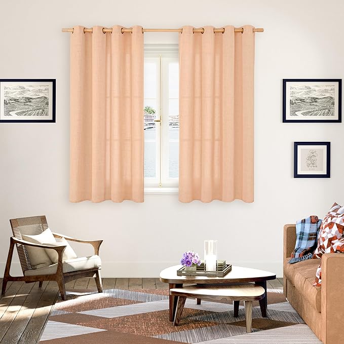 YoungsTex Peach Linen Curtains 45 Inch Length for Living Room Window, Short Light Filtering Drapes with Bronze Grommet Privacy for Kitchen Bedroom Decorative, 52 x 45 Inch, 2 Panels