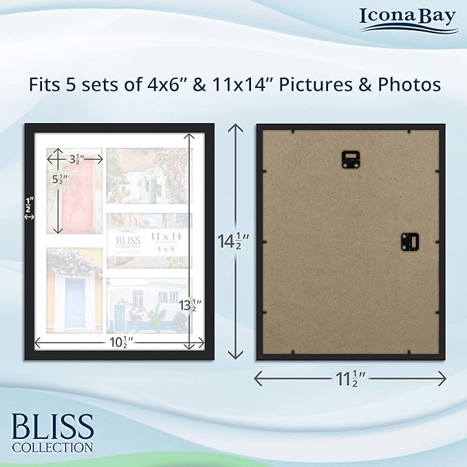 Icona Bay - 11x14 Black Collage Picture Frame with Removable Mat for 5-4x6 Photos - Modern Style Engineered Wood Frame - Wall Mount Only - Bliss Collection