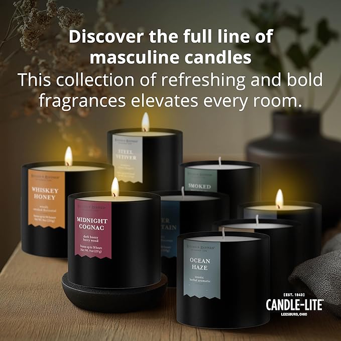 Candle-lite Rugged & Refined Scented Candle for Men, Steel Vetiver, 9 oz Tin, Poured in The USA, Masculine Fragrance, 1-Wick, 58 Hours of Burn Time, Ideal Gift for Man in Your Life & Father's Day