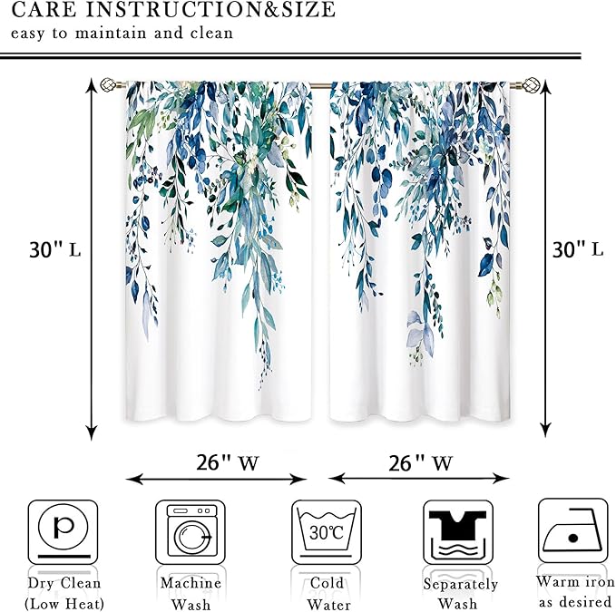 Teal Eucalyptus Botanical Leaves Floral Small Kitchen Curtains Blue Flower Window Treatment Wildflower Plant Cafe Short Window Curtains for Bathroom Room Tier Treatment Drapes 26x30 inch