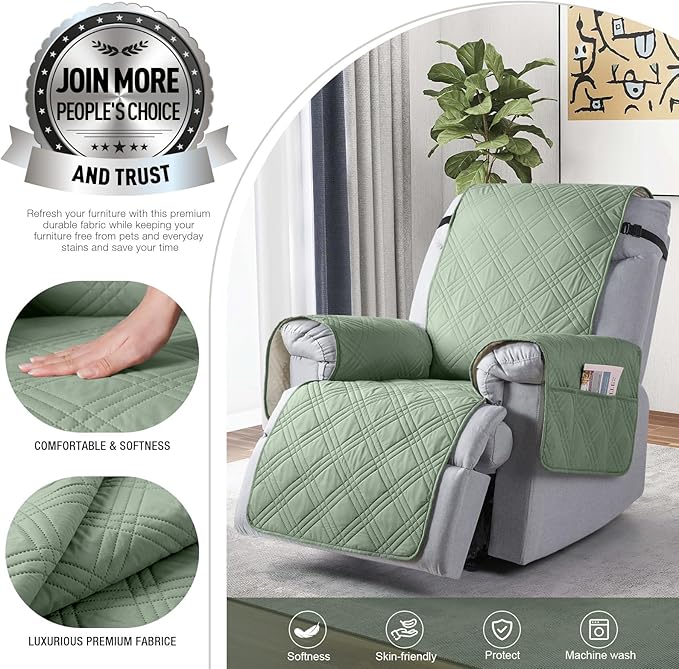 TAOCOCO 100% Waterproof Recliner Chair Cover Stay in Place, Recliner Covers for Small Recliner Chair with Pocket, Reclining Chair Cover Furniture Protector for Kids, Pets(20'', Sage Green)