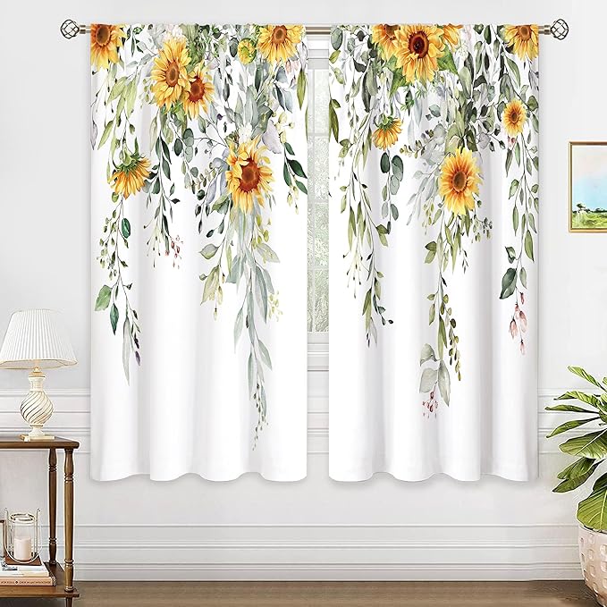 Farmhouse Sunflower Eucalyptus Botanical Leaves Floral Window Curtains Yellow Flower Watercolor Plant Wildflower Curtain Drapes Herb Curtains for Bedroom Living Room Treatment 42Wx63H Inch