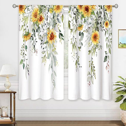 Farmhouse Sunflower Eucalyptus Botanical Leaves Floral Window Curtains Yellow Flower Watercolor Plant Wildflower Curtain Drapes Herb Curtains for Bedroom Living Room Treatment 42Wx63H Inch