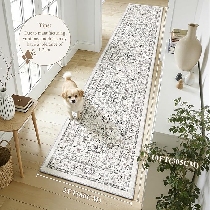 LOKHOM Washable Runner Rug, 2x10 Non-Slip Vintage Farmhouse Hallway Runner Rug with Rubber Backing, Boho Soft Faux Wool Kitchen Rug Carpet Runner for Kitchen Laundry Entryway Bedroom (Cream White)
