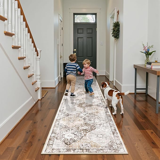 Ileading Washable Hallway Runner Rugs, 2x10 Non Slip Runners Area Rug for Entryway Kitchen Bathroom Bedroom Laundry Living Room, Long Narrow Low-Pile Floor Carpet Boho Vintage Throw Mat for Kids Room