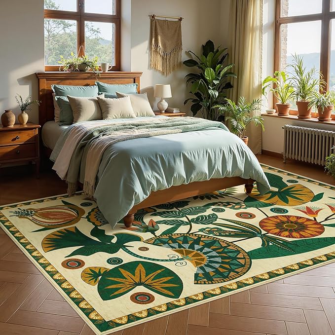 Joydeco Egypt Floral Boho 5x7 Area Rugs for Living Room, Washable Beige Area Rug for Bedroom Playroom Non Slip, Vintage Soft Indoor Carpet for Nursery Dining Room Entryway Bathroom