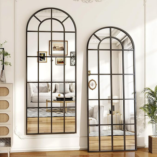24"×65" Windowpane Arched Full Length Mirror, Grid-Designed Decorative Farmhouse Full Body Floor Mirror with Metal Frame Hanging Leaning for Entryway, Living Room, Home Decor, Black