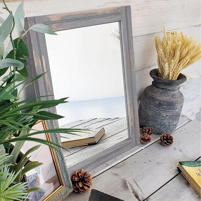 AAZZKANG Wood Framed Mirror Rectangular Rustic Wall Mirrors Decorative Large 20"x16" for Farmhouse Bathroom Living Room Bedroom Grey
