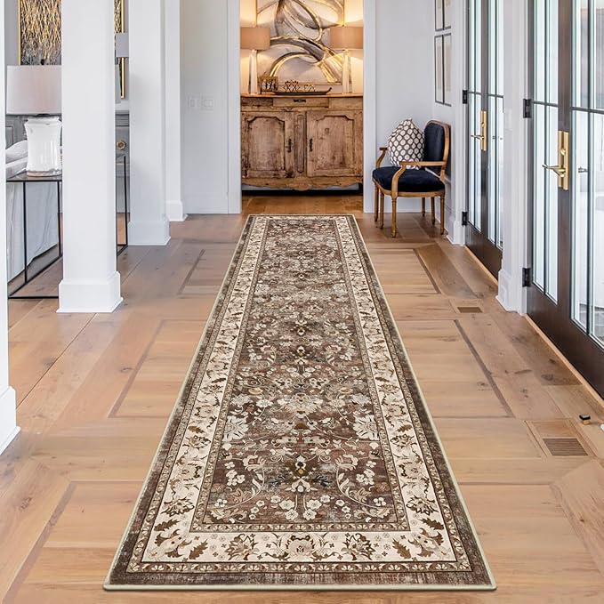 LOKHOM Washable Runner Rug, 2x8 Non Slip Vintage Hallway Runner Rug with Rubber Backing, Boho Floral Soft Faux Wool Kitchen Rug Carpet Runner for Kitchen Laundry Entryway Bedroom (Dark Brown)