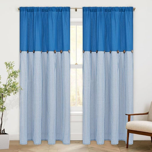 ASPMIZ Cotton Linen Curtains for Living Room, Rod Pocket & Back Tab Boho Curtains for Bedroom, Country Farmhouse Striped Curtain with Rustic Buttons, Home Decor, Lake Blue, 52 x 84 Inch, 2 Panels