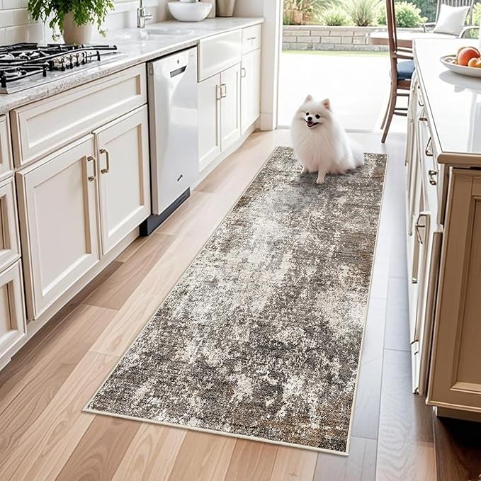 2x6 Runner Rug Non-Slip Washable for Kitchen Hallway - Modern Abstract Neutral Carpet Runner for Bedroom Bedside Laundry Room Entryway – Soft Low-Pile Stain-Resistant (Brown Beige, 2x6)