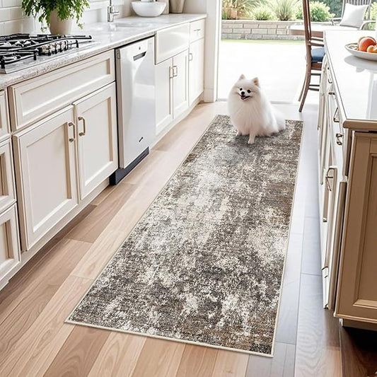 2x6 Runner Rug Non-Slip Washable for Kitchen Hallway - Modern Abstract Neutral Carpet Runner for Bedroom Bedside Laundry Room Entryway – Soft Low-Pile Stain-Resistant (Brown Beige, 2x6)
