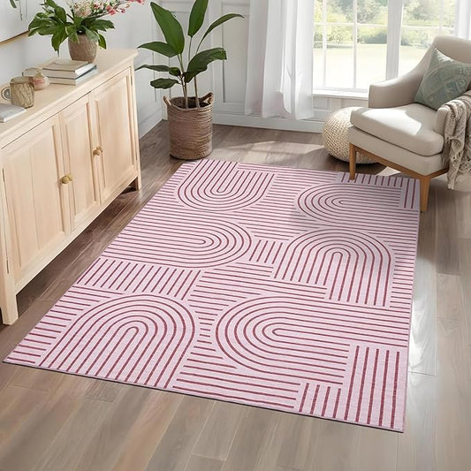 ROYHOME Washable Rug 5x7 Area Rugs for Living Room, Abstract Rug for Bedroom, Soft Rainbow Non Slip Throw Rugs with Rubber Back, Low Pile Stain Resistant Boho Geometric Carpet for Dining Room, Pink
