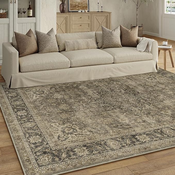 5x7 Washable Area Rug Brown Vintage Non Slip Soft Low Pile Rug for Living Room Bedroom Dining Room Office Distressed Oriental Indoor Throw Carpet for Home Decor
