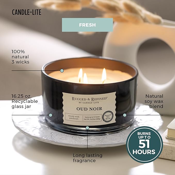 Candle-Lite Scented Candles for Men, Oud Noir Fragrance, 16.25 oz Jar, 3-Wick, 51 Hours of Burn Time, Masculine Aromatherapy with Long Lasting Scent, Ideal Gift for Father's Day and Home Decor
