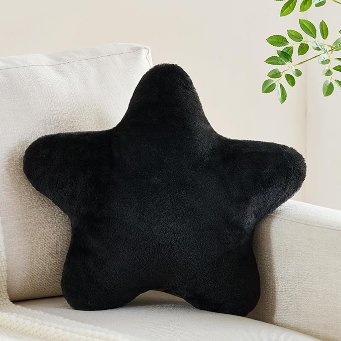 CANGHI Star Pillow 19.6" Black Star Shaped Decorative Throw Pillow for Couch Bed Aesthetic Plush Floor Seating Cushions with Soft Faux Rabbit Fur for Sofa Bedroom Living Room