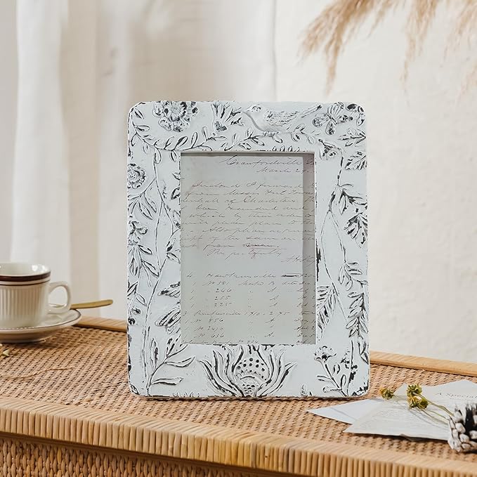 NIKKY HOME Farmhouse 5x7 Picture Frame Boho Photo Frame with 3D Botanical Leaf and Bird Textured and Rustic Whitewashed Finish, Hand-Crafted Resin Picture Frames with HD Glass for Tabletop Display