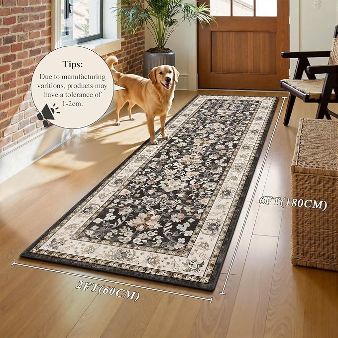 LOKHOM Washable Runner Rug, 2x6 Non-Slip Vintage Hallway Runner Rug with Rubber Backing, Boho Floral Soft Faux Wool Kitchen Rugs Carpet Runner for Laundry Entryway Bedroom (Black)