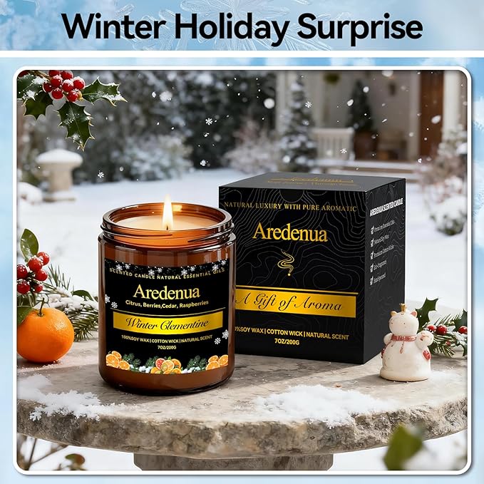 Winter Candles – Clementine Candle | Holiday Scented Candles - Citrus Soy Candle for Odor Eliminator | Winter Christmas Gift for Women Men 7oz Jar with 50H Clean Burn & Long Lasting