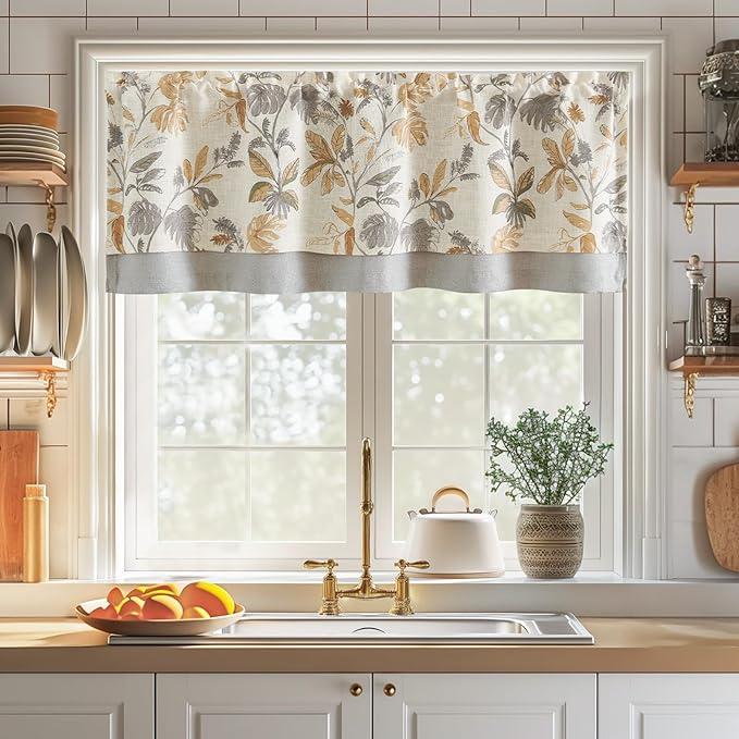 jinchan Linen Valance Double Layer Kitchen Window Curtain Yellow Leaf on Beige Valance for Living Room Cafe Farmhouse Light Filtering Rustic French Country Curtain 18 Inch Rod Pocket 1 Panel
