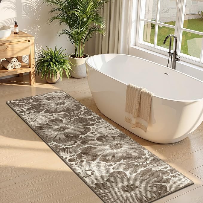 Findosom Hallway Runner Rug 2x6, Non Slip High-Low Textured Floral Washable Runner Rug with Rubber Backing, Boho Carpet Runner for Kitchen, Entryway, Bedroom, Laundry, Brown