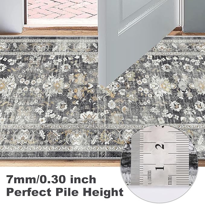 LOKHOM Washable Runner Rug, 2x10 Non-Slip Vintage Farmhouse Hallway Runner Rug with Rubber Backing, Boho Soft Faux Wool Kitchen Rug Carpet Runner for Kitchen Laundry Entryway Bedroom (Charcoal Grey)