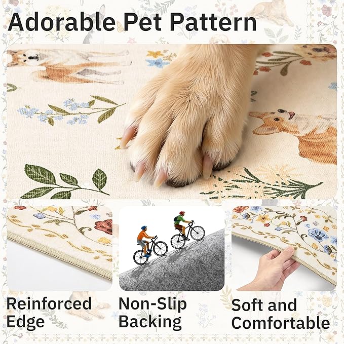 Soalmost 2x3 Dog Rugs for Entryway, Machine Washable Door Mat Animal Floral Small Area Rug Non-Slip Low Pile Soft Throw Rugs for Entrance Kitchen Indoor Front Door Kids Room (2 x 3,Beige)