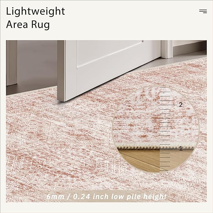 Soalmost Washable Area Rug 8x10, Large Soft Rugs for Living Room Vintage Area Rugs for Bedroom Dining Room Non-Slip Stain Resistant Pink Under Table Rug