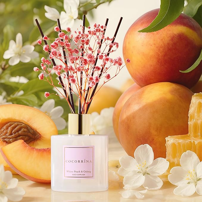Cocorr??na Reed Diffuser Sets - 6.7 oz. White Peach& Oolong Scented Diffuser with 8 Sticks Home Fragrance Reed Diffuser for Bathroom Shelf Decor