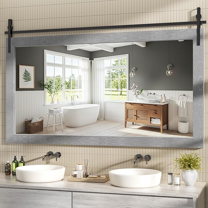Hasipu Farmhouse Bathroom Mirror, 60"x30" Rustic Wood Framed Wall Mounted Mirror, Gray Vintage Vanity Mirror Barn Door Style Decrative Mirrors