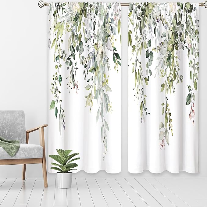 Sage Green Eucalyptus Leaves Window Curtains Flower Watercolor Floral BotanicalPlant Wildflower Farmhouse Curtain Drapes Herb Curtains for Bedroom Living Room Treatment 2 Panels 52Wx84H Inch