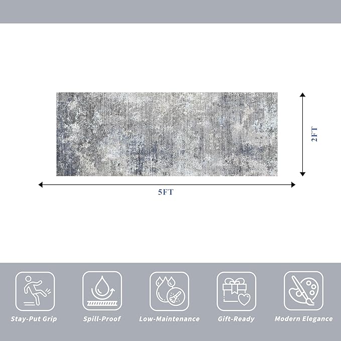 2x5 Rug Runner Non-Slip Washable– Modern Neutral Abstract Kitchen Bathroom Hallway Bedroom Area Rug – Soft Thin Low-Pile Small Short Floor Mat (Blue Grey,2x5)