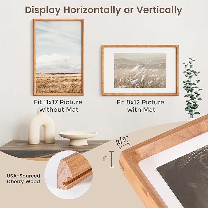 11x17 Picture Frame, USA-Sourced Cherry Wood Photo Frames with HD Tempered Glass, Handcrafted Rounded Corner 11 x 17 Wooden Frame Matted to 8x12 Photos, 11x17 Frames, Tabletop or Wall Display