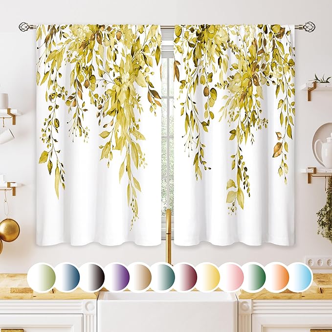 Yellow Eucalyptus Botanical Leaves Floral Kitchen Window Curtains Over Sink Farmhouse Flower Leaf Small Window Treatment Cafe Short Curtains for Bathroom Treatment Tier Drapes 27.5x39 inch