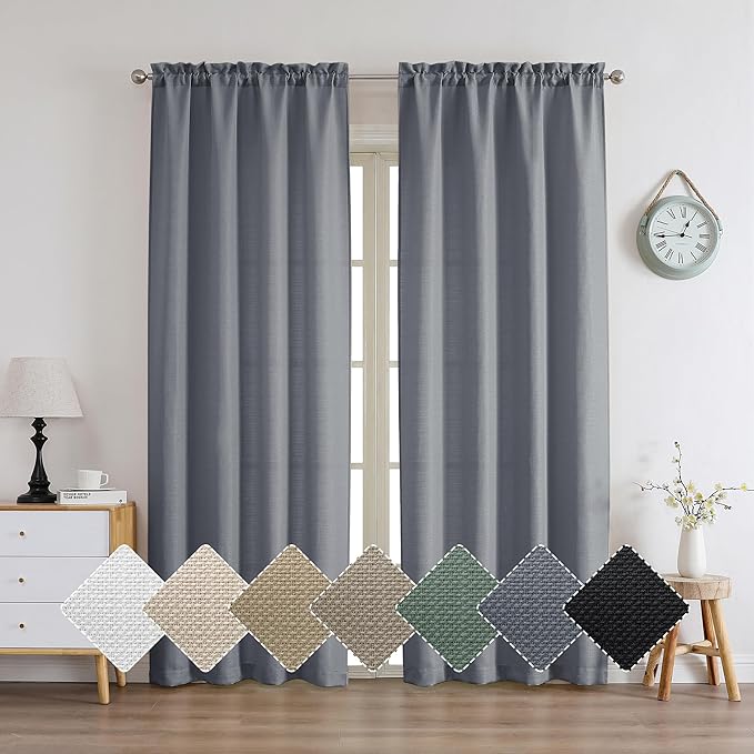 Chyhomenyc Dark Grey Curtains 84 Inch Length 2 Panels, Faux Linen Semi Sheer Light Filtering Soft Slub Textured Privacy Farmhouse Curtain Drapes for Living Room Bedroom, 40" Wx84 L